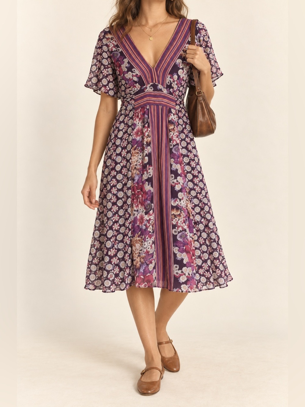 Vintage Nolita Boho Floral Patchwork Midi Dress Purple Size S